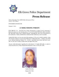 EGPD Press Release - At Risk Missing Person - Anisha McCarthy