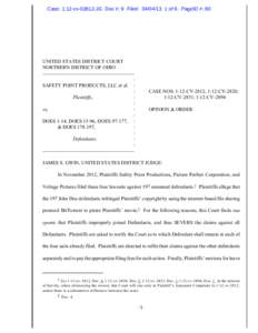 Case: 1:12-cvJG Doc #: 9 Filed: of 9. PageID #: 80  UNITED STATES DISTRICT COURT NORTHERN DISTRICT OF OHIO ------------------------------------------------------: SAFETY POINT PRODUCTS, LLC et al. :