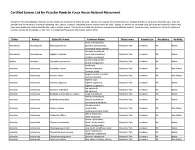 Certified Species List for Vascular Plants in Yucca House National Monument Disclaimer: This list includes all the species that have been documented within the park. Absence of a species from the list does not necessaril