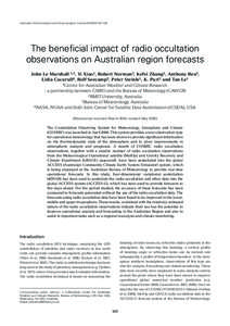 Australian Meteorological and Oceanographic Journal[removed]125  The beneficial impact of radio occultation observations on Australian region forecasts John Le Marshall 1,2, Yi Xiao1, Robert Norman2, Kefei Zhang2, 