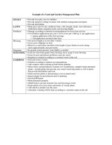 Example of a Yard and Garden Management Plan • Provide lawn play area for children • Provide attractive setting for home with medium management and inputs • Provide bird habitat • Plant grass type for site condit