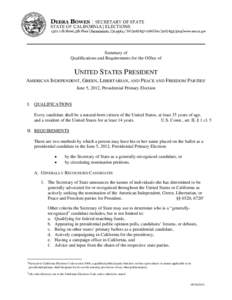 Summary of   Qualifications and Requirements for the Office of UNITED STATES PRESIDENT