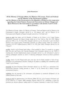 Joint Statement Of the Ministry of Foreign Affairs, the Ministry of Economy, Trade and Industry and the Ministry of the Environment of Japan and the Minister of the Environment of the Republic of Poland on the cooperatio
