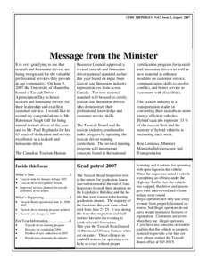 1 THE TRIPSHEET, Vol.7, Issue 2, August[removed]Message from the Minister It is very gratifying to see that taxicab and limousine drivers are being recognized for the valuable