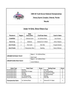 2005 US Youth Soccer National Championships Disney Sports Complex, Orlando, Florida Results Under 14 Girls, Elmer Ehlers Cup