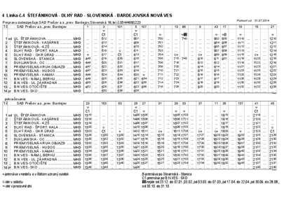 4 Linka č.4 ŠTEFÁNIKOVÁ - DLHÝ RAD - SLOVENSKÁ - BARDEJOVSKÁ NOVÁ VES Platnosť od: [removed]Prepravu zabezpečuje:SAD Prešov a.s.,prev. Bardejov,Slovenská 18,tel.č.[removed]