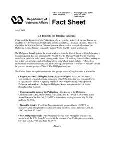 Philippinesâ€“United States relations / Philippine Scouts / Philippines / U.S. Army Forces Far East / Veteran / Philippine Army / United States Department of Veterans Affairs / Rescission Act / Department of National Defense / Military / Veterans Memorial Medical Center