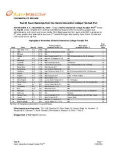 FOR IMMEDIATE RELEASE  Top 25 Team Rankings from the Harris Interactive College Football Poll ROCHESTER, N.Y.—November 26, 2006— Today’s Harris Interactive College Football PollSM shows the Top 25 results compiled 