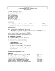 Curriculum Vitae CATHERINE E. BURNETTE, PHD, LMSW [(Revised[removed]I. CONTACT INFORMATION Assistant Professor, Tulane University School of Social Work