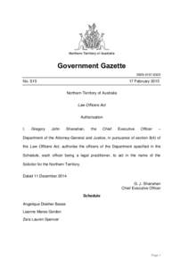 Northern Territory of Australia  Government Gazette ISSN-0157-833X  No. S15