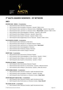 3RD AACTA AWARDS NOMINEES – BY NETWORK ABC1 REDFERN NOW - SERIES 2 – 8 nominations • AACTA Award for Best Television Drama Series • AACTA Award for Best Screenplay in Television - Episode 3: Babe in Arms • AACT