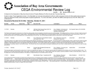 CEQA Environmental Review Log Issue No: 336  Monday, October 31, 2011