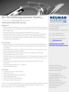 Zur Verstärkung unseres Teams… … suchen wir zum nächstmöglichen Termin einen: Lieferantenentwickler (m/w) Tätigkeiten: • Eigenständige Durchführung von Erst- und Serienaudits mit Überwachung der