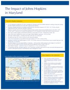 The Impact of Johns Hopkins in Maryland The Johns Hopkins Institutions •	 53,352 employees worldwide in FY 2010, including 46,128 regular and 6,050 student employees working in Maryland, making the Johns Hopkins Instit