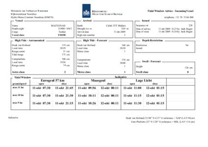 Ministerie van Verkeer en Waterstaat Rijkswaterstaat Noordzee Hydro Meteo Centrum Noordzee (HMCN) Tidal Window Advice - IncomingVessel telephone: +