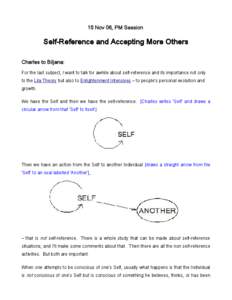 15 Nov 06, PM Session  Self-Reference and Accepting More Others Charles to Biljana: For the last subject, I want to talk for awhile about self-reference and its importance not only to the Lila Theory but also to Enlighte