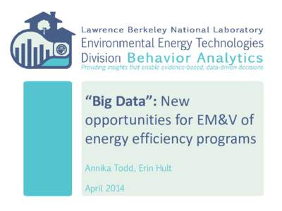 “Big Data”: New opportunities for EM&V of energy efficiency programs Annika Todd, Erin Hult April 2014