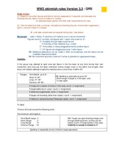 WW2 skirmish rules Version 3.3 : QRS Order of play: (1) Player(s) move their figures and dice to remove suppression if required, and calculate any shooting they do, fight a round of melee if in contact. (In opposed playe