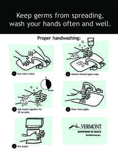 Keep germs from spreading, wash your hands often and well. Proper handwashing: 1