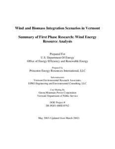 Wind and Biomass Integration Scenarios in Vermont Summary of First Phase Research: Wind Energy Resource Analysis Prepared For U.S. Department Of Energy