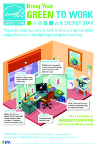 The small steps you take at work to save energy can make a big difference in the fight against global warming. monitor/computer  desk lamp