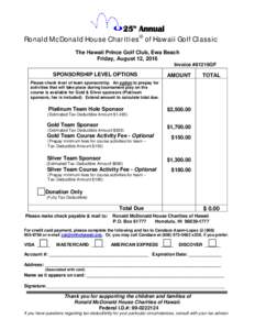 25th Annual Ronald McDonald House Charities® of Hawaii Golf Classic The Hawaii Prince Golf Club, Ewa Beach Friday, August 12, 2016 Invoice #81216GF