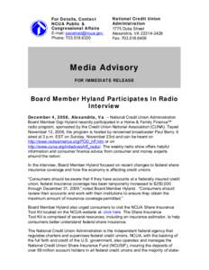 Media Advisory - Board Member Hyland Participates In Radio Interview