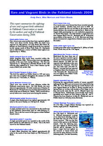 Rare and Vagrant Birds in the Falkland Islands 2004 Andy Black, Mike Morrison and Robin Woods This report summarises the sightings of rare and vagrant birds submitted to Falklands Conservation or made