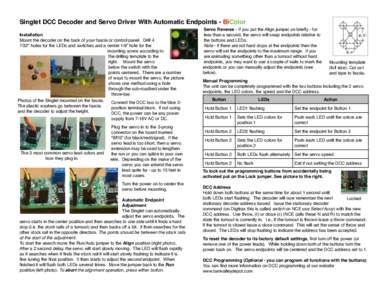 Singlet DCC Decoder and Servo Driver With Automatic Endpoints - BiColor Installation Mount the decoder on the back of your fascia or control panel. Drill” holes for the LEDs and switches and a center 1/8” hole