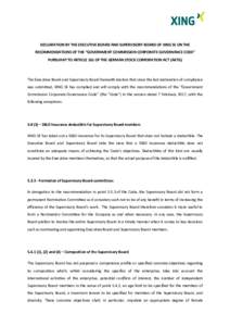 DECLARATION BY THE EXECUTIVE BOARD AND SUPERVISORY BOARD OF XING SE ON THE RECOMMENDATIONS OF THE “GOVERNMENT COMMISSION CORPORATE GOVERNANCE CODE” PURSUANT TO ARTICLE 161 OF THE GERMAN STOCK CORPORATION ACT (AKTG) T