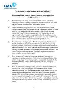 Sonoco/Weidenhammer: summary of hearing with Japan Tobacco International on 10 March 2015