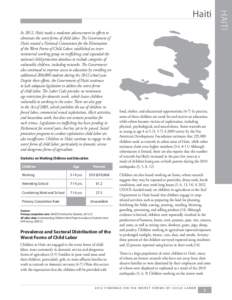 In 2012, Haiti made a moderate advancement in efforts to eliminate the worst forms of child labor. The Government of Haiti created a National Commission for the Elimination of the Worst Forms of Child Labor; established 