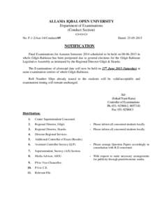 ALLAMA IQBAL OPEN UNIVERSITY Department of Examinations (Conduct Section) <><><> No. F.1-2/Aut-14/Conduct/09