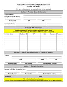 National Provider Identifier (NPI) Collection Form