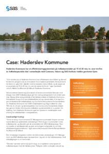 Case: Haderslev Kommune Haderslev Kommune har et effektiviseringspotentiale på indkøbsområdet på 15 til 20 mio. kr. over tre-fire år. Indkøbsspecialist skal i samarbejde med Comcare, Valcon og SAS Institute trække