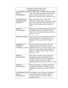 CHANGES IN BANK STRUCTURE Month ending January 31, 2014 LOAN PRODUCTION Community Bank of Northern Wisconsin, Rice OFFICE Lake, Wisconsin, established a loan production ESTABLISHED