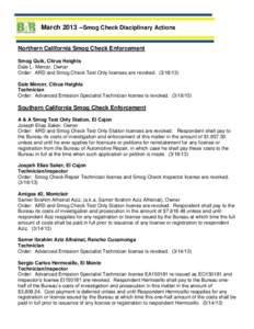 March 2013 –Smog Check Disciplinary Actions Northern California Smog Check Enforcement Smog Quik, Citrus Heights Dale L. Mercer, Owner Order: ARD and Smog Check Test Only licenses are revoked[removed]Dale Mercer, Ci