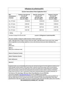 Effingham & Leatherhead RFC Autumn International Ticket Application Form RFU: TWICKENHAM STADIUM