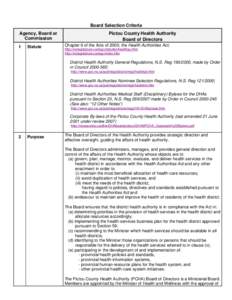 Board Selection Criteria Agency, Board or Commission 1  Statute