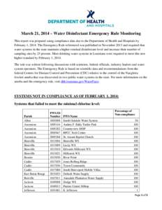 March 21, 2014 – Water Disinfectant Emergency Rule Monitoring This report was prepared using compliance data due to the Department of Health and Hospitals by February 1, 2014. The Emergency Rule referenced was publishe