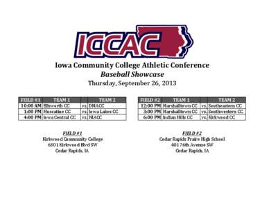 Iowa	
  Community	
  College	
  Athletic	
  Conference Baseball	
  Showcase Thursday,	
  September	
  26,	
  2013 FIELD	
  #1 TEAM	
  1 10:00	
  AM Ellsworth	
  CC