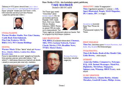 Mass Media w USA - kto ksztaltuje opinię publiczną Zalożony w 1923 przez czterech braci Jack, Albert, Harry i Samuel Warner (pochodzenia żydowskiego) Firma “przejęła” konsorcjum Ted Turner i AOL. CEO (dyrektor 