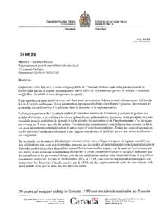 Réponse de la CCSN à la lettre et la critique de Gordon Edwards au sujet de la présentation qu’elle avait donnée en janvier 2016 au Comité interministériel sur l’uranium au Québec