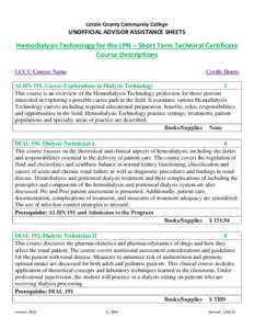 Lorain County Community College  UNOFFICIAL ADVISOR ASSISTANCE SHEETS Hemodialysis Technology for the LPN – Short Term Technical Certificate Course Descriptions