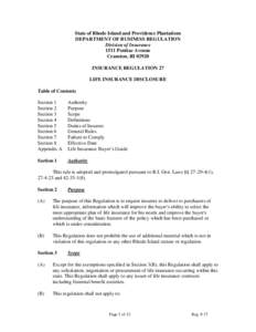 State of Rhode Island and Providence Plantations DEPARTMENT OF BUSINESS REGULATION Division of Insurance 1511 Pontiac Avenue Cranston, RI[removed]INSURANCE REGULATION 27