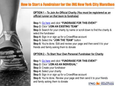 How to Start a Fundraiser for the ING New York City Marathon OPTION 1 – To Join An Official Charity (You must be registered as an official runner on that team to fundraise) Step 1: Go here and click “FUNDRAISE FOR TH
