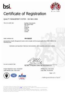 Certificate of Registration QUALITY MANAGEMENT SYSTEM - ISO 9001:2008 This is to certify that: Durham Instruments 900 McKay Road