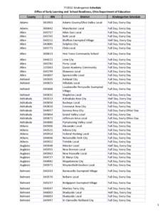 FY2013 Kindergarten Schedule Office of Early Learning and School Readiness, Ohio Department of Education County IRN