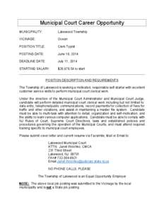 Municipal Court Career Opportunity MUNICIPALITY: Lakewood Township  VICINAGE: