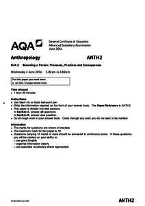 General Certificate of Education Advanced Subsidiary Examination June 2014 Anthropology	 Unit 2